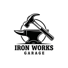 Black and white logo featuring an anvil and a hammer, with 'IRON WORKS GARAGE' text below, representing a metalworking or repair business.