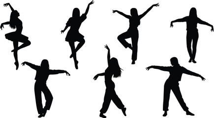 Dancing girl silhouette collection, modern dance vector illustration, ballet pose art, graceful female movement design, contemporary dancer figure, artistic performance graphic