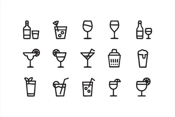 Cocktail and Drinks Line Icons Set, Wine Glass, Martini, Beer, Bottle, Shaker and Refreshing Beverage Symbols for Bar and Party Design