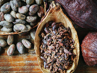 Close-up of Cocoa nibs and cocoa bean