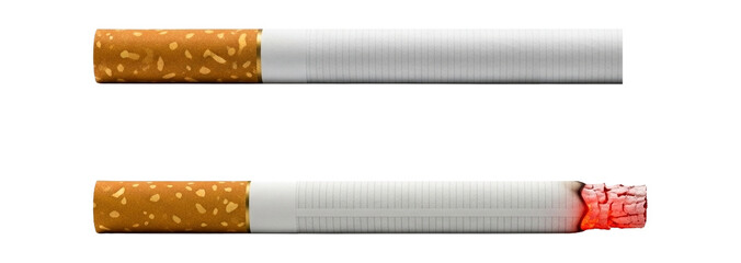 Two cigarettes, one lit and one unlit, isolated on transparent background