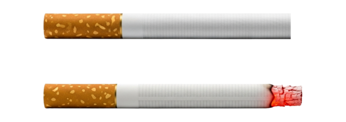 Two cigarettes, one lit and one unlit, isolated on transparent background