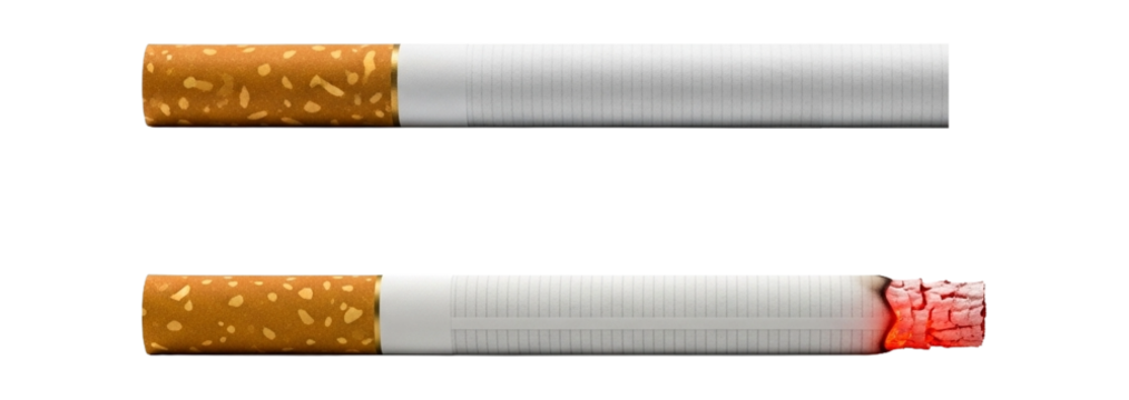 Two cigarettes, one lit and one unlit, isolated on transparent background