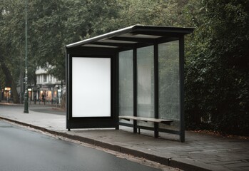 Bus stop shelter in a quiet urban street during a rainy day with empty advertisement space