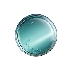 Round petri dish, light teal liquid, bubbles