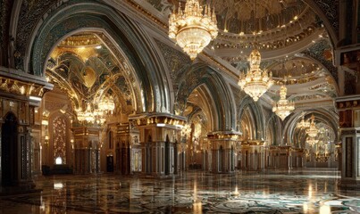 Grand opulent hall with ornate arches and chandeliers