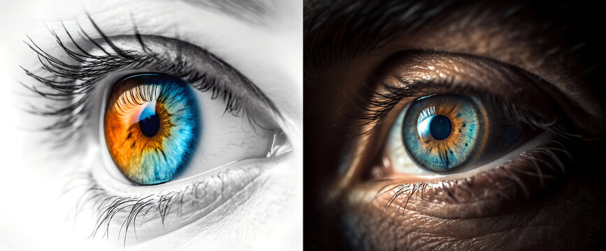 Striking close-up of colorful heterochromia eyes in dramatic lighting, vibrant and detailed.