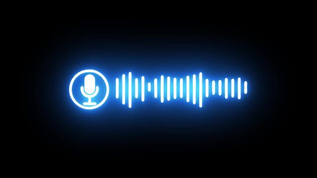 Neon blue microphone icon and sound wave equalizer glowing on a black background audio voice