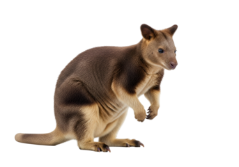 A full-shot, isolated image of a small, brown and tan-colored marsupial, positioned upright against a dark backdrop.