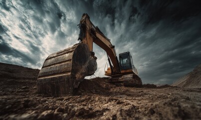 Powerful excavator in a dramatic landscape