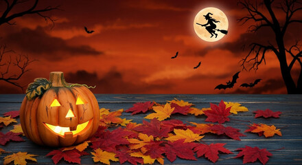 Spooky Halloween night with glowing jack-o-lantern, witch flying, bats, and autumn leaves