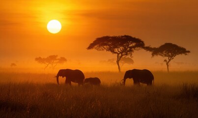 Obraz premium Silhouetted elephants at sunrise in savanna