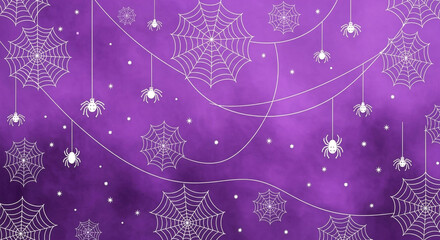 Whimsical Halloween spiderwebs and spiders dance on a vibrant purple textured background