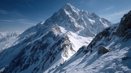 Majestic snow-capped mountain range basking under clear blue sky scenery