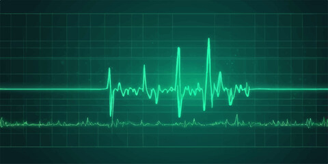 Medical image showing a heartbeat pulse or rate on a blue and green ECG monitor graph or line