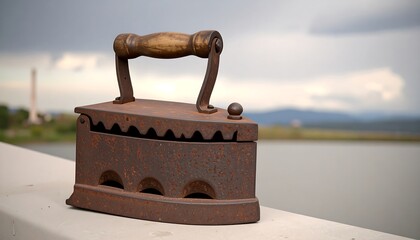 Rusty antique iron on a railing overlooking a lake