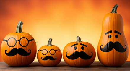 Whimsical pumpkins with glasses and mustaches create fun Halloween decorations and festive autumn scenes