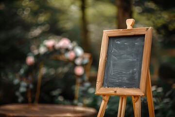 Rustic wooden easel chalkboard in a garden setting soft natural light blurred floral backdrop