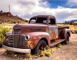 Rusty old pickup truck in a desert landscape