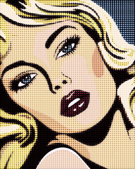 Stylized female portrait in retro pop art halftone design.