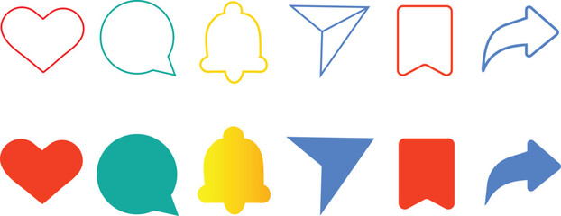 Social Media Icons Set Heart Speech Bubble Bell Paper Airplane Bookmark Share Arrow vector illustration