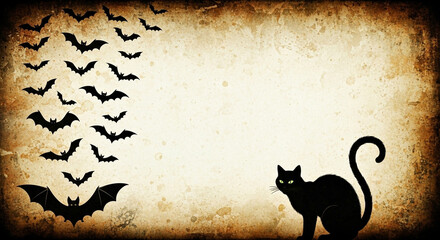 Mysterious black cat watches bats fly across vintage textured Halloween background