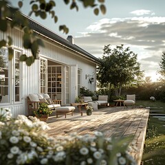 Serene farmhouse patio sunset warm golden light wooden deck comfy outdoor furniture peaceful evening