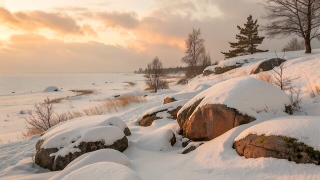 Calm Winter Landscape with Snow Covered Rocks and Desaturated Orange Hues.