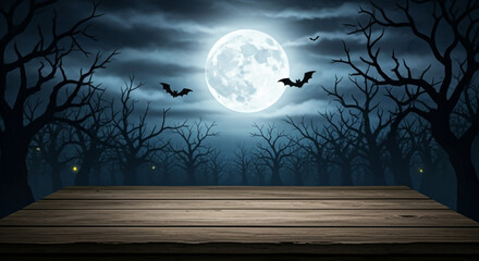 Spooky Halloween night scene with full moon, silhouetted trees, flying bats, and empty wooden platform