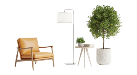 Interior design with armchair, floor lamp, table and plant isolated on transparent background