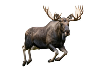 A majestic moose in mid-leap against a stark black background, showcasing its impressive antlers and powerful physique.