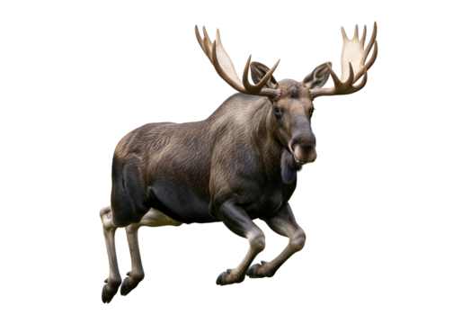 A majestic moose in mid-leap against a stark black background, showcasing its impressive antlers and powerful physique.