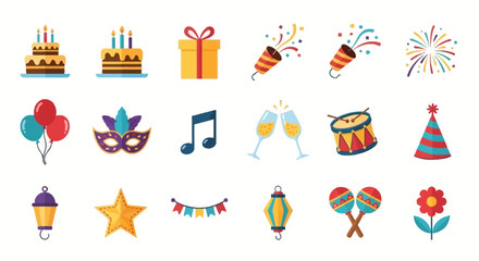 Collection of vibrant party and celebration themed icons.