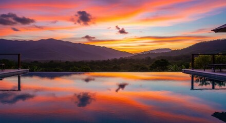Sunset Over Mountain Landscape with Pool Reflecting Colorful Sky