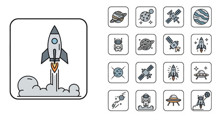 Rocket Launching into Space with Planets and Astronaut Icons.