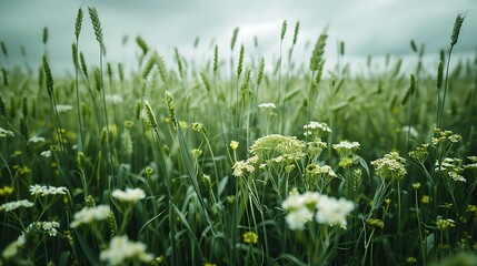 Serene summer field wildflowers swaying gently in soft light green wheat stalks peaceful nature
