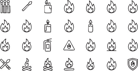 Fire and Flame Icons Collection with Matches Lighter and Candle Symbols