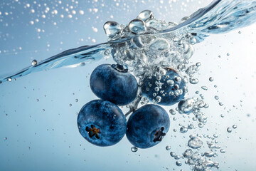 Close-up photograph capturing the dynamic motion of several blueberries as they are submerged in water.