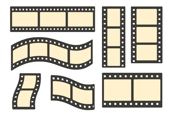 Set of retro film strips, collection of movie reel borders. Blank frames for creative design projects. Vintage cinema negative template. Photography and video concept vector.