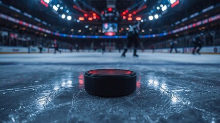Close up of hockey puck on ice rink with blurred players in background, symbol of Winter Olympics sport, international competition, championship match and athletic performance
