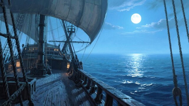 Columbus Day Majestic galleon sails across a moonlit ocean with shimmering waves under a starry sky, evoking adventure and maritime exploration.