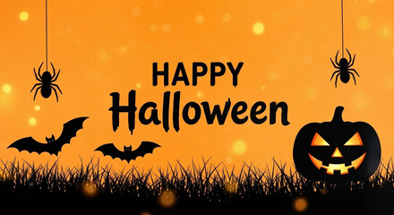 Spooky Happy Halloween banner with bats, spiders, and grinning pumpkin for festive celebrations