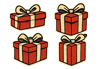 Obraz premium Set of vector gift boxes with halftone effect. Retro collage elements for Christmas digital designs. Trendy pop art or grunge style stickers for holiday and celebration.