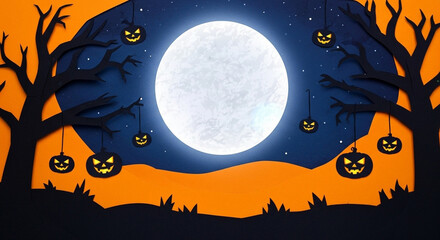 Spooky Halloween night scene with glowing jack-o'-lanterns hanging from bare trees under a giant moon