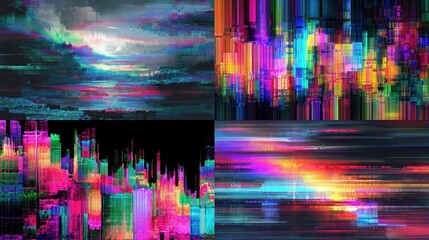 and keyword list based on the image you provided

 Abstract Pixelated Glitches Showing Distorted Landscapes and Geometric Forms.