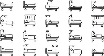 Patient Care Bed Symbols with IV Stand in Minimal Line Style