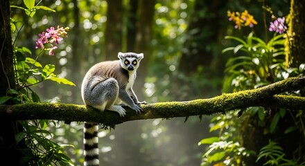 Naklejka premium Lemur in a Lush Rainforest.
