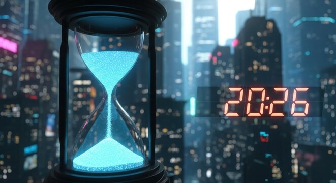 Futuristic Hourglass with Blue Sand and Digital Clock Showing Twenty Minutes Past Eight in Night Cityscape