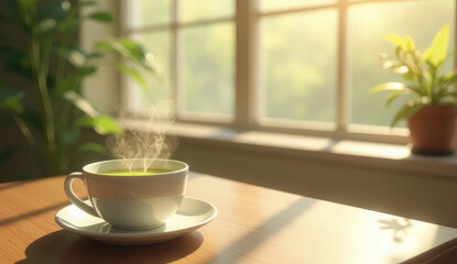 Cozy Morning Cup of Green Tea by the Window