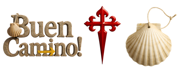 "Buen Camino!" text with a shell on a transparent background. Red Santiago cross on a transparent background. Religious symbol. Travel. Pilgrimage. Seashell with a rope for wearing on a transparent ba